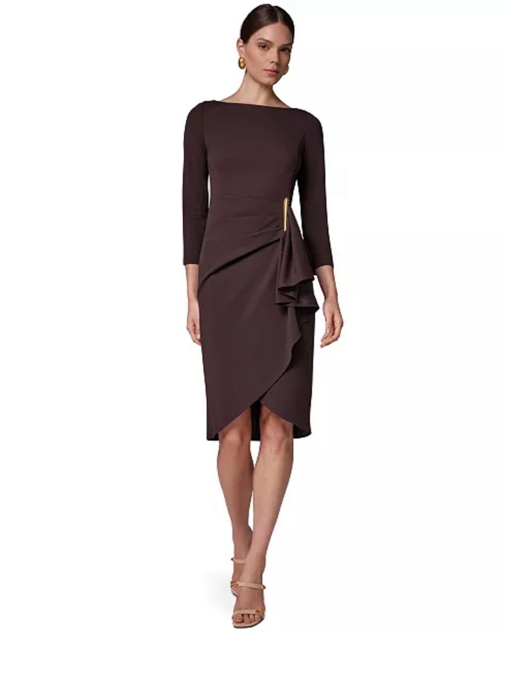 NWT Donna Karan Elegant Chocolate Brown Sheath Dress with Side Ruffle
